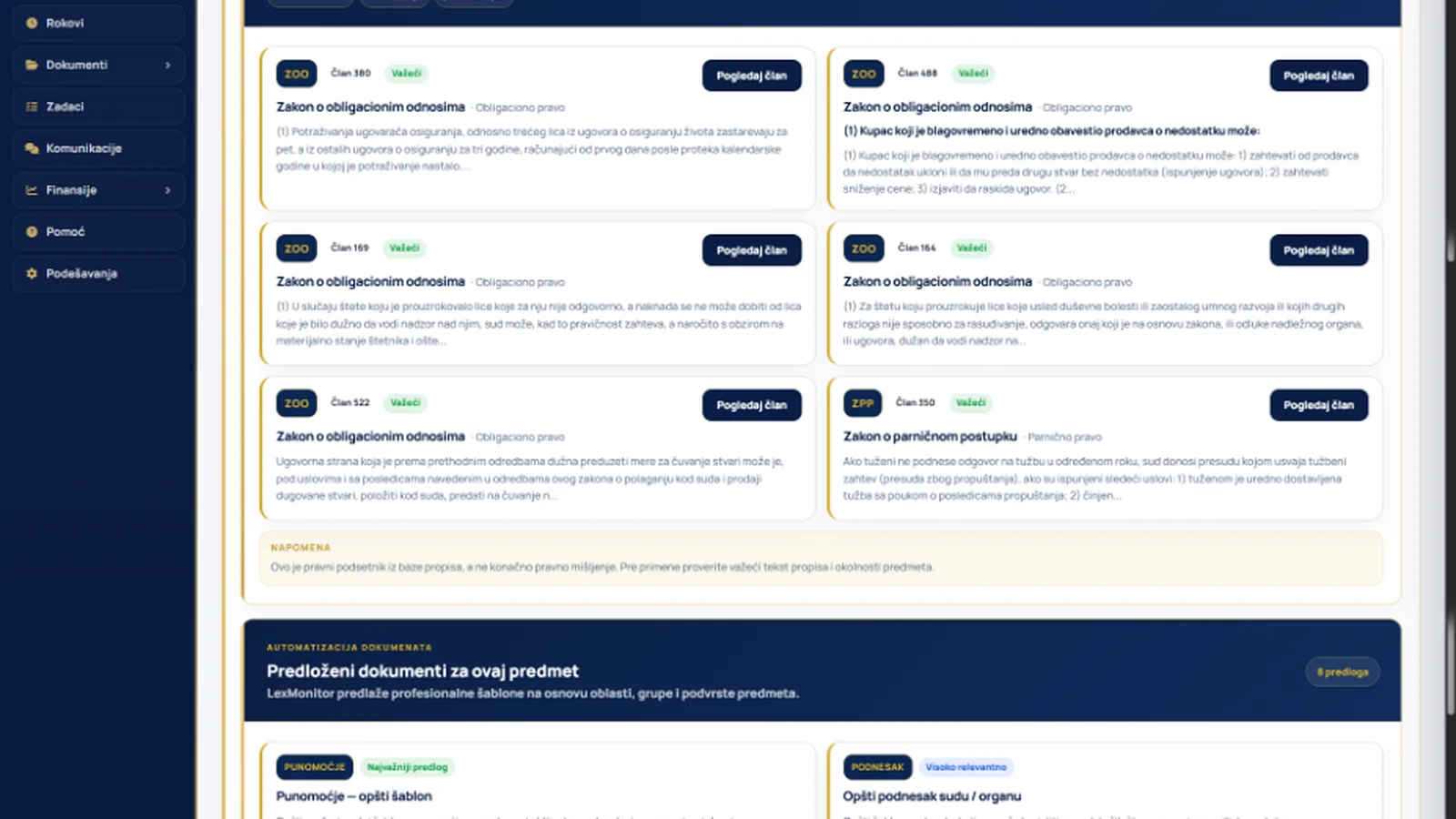 Detaljan prikaz predmeta u LexMonitoru